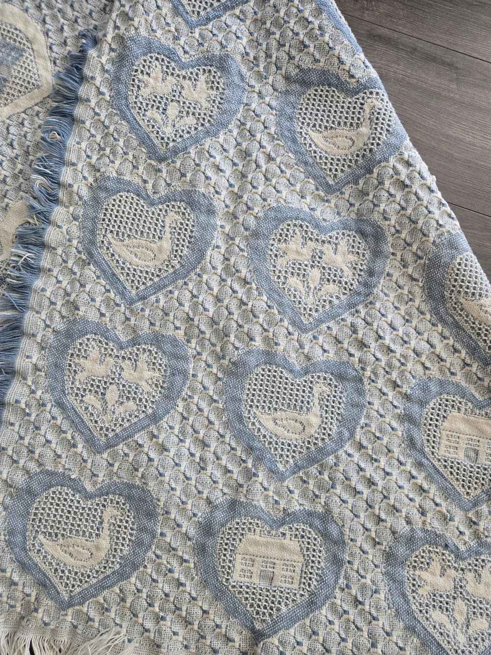 Cottage Core Blue & Cream Reversible Cotton Throw Afghan Blanket Ducks Doves